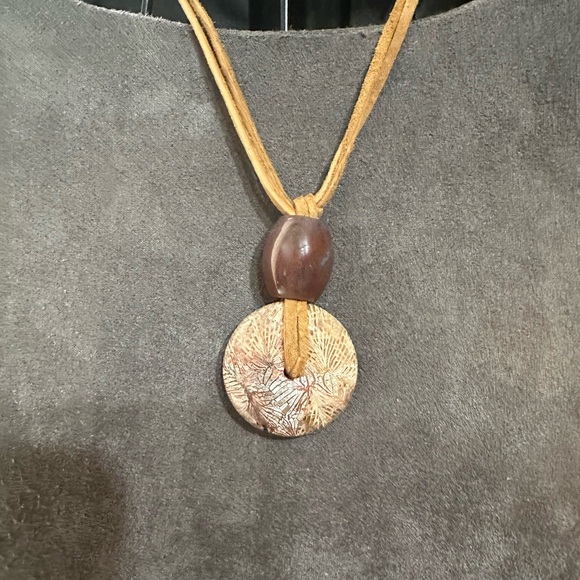 Coral Fossil “Dragon Bone” Donut Pendant and Ocean Jasper Bead on Suede Rope - Picture 12 of 13